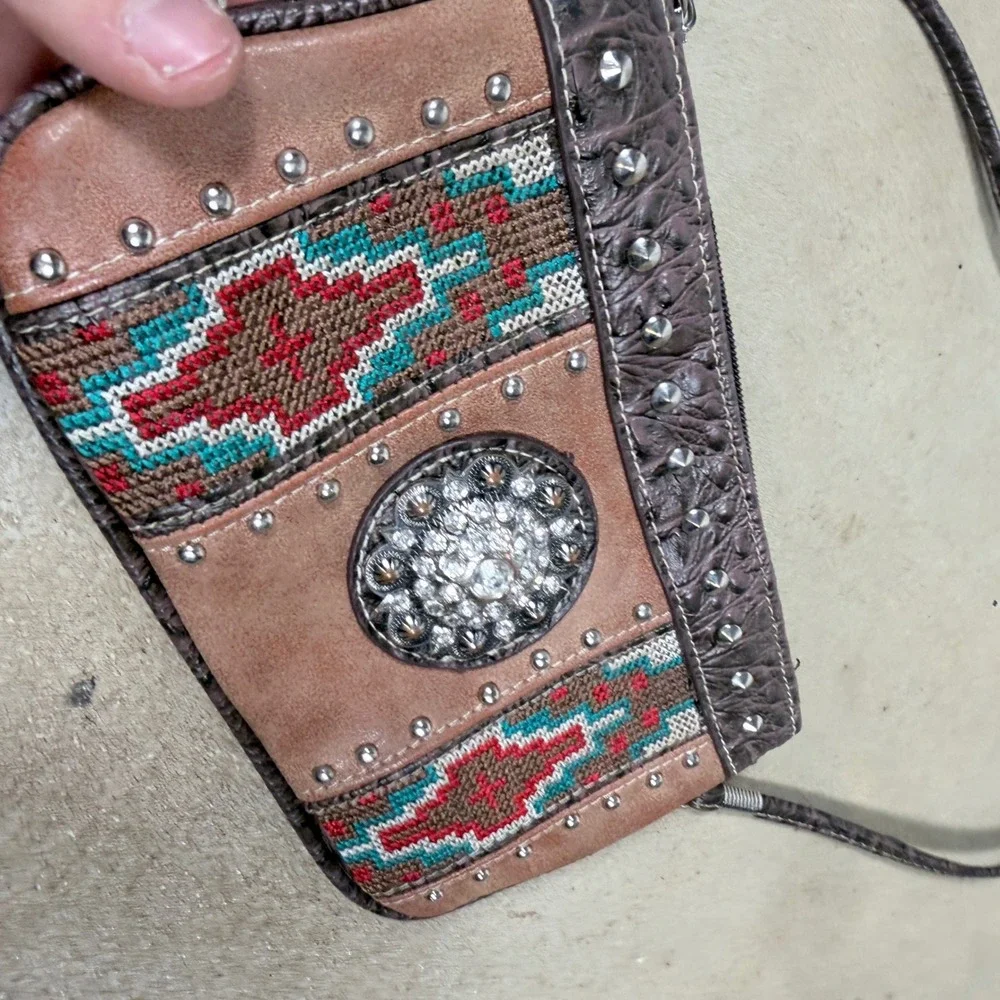 Western Aztec Crossbody Purse Rhinestone Studded Shoulder Bag Brown Tan